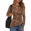 image:imageZESICA Womens Floral Long Sleeve Shirts 2026 Spring Boat Neck Mesh Ruched Tops Fitted Asymmetrical Going Out BlousesKhaki