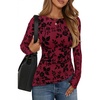 image:imageZESICA Womens Floral Long Sleeve Shirts 2026 Spring Boat Neck Mesh Ruched Tops Fitted Asymmetrical Going Out BlousesRed