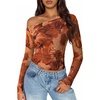 image:imageZESICA Womens Floral Mesh Off Shoulder Long Sleeve TopsBrown