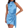 image:imageZESICA Womens Satin Sleeveless Halter Tie Waist Wrap Bodycon Mini DressBlue