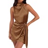 image:imageZESICA Womens Satin Sleeveless Halter Tie Waist Wrap Bodycon Mini DressBrown