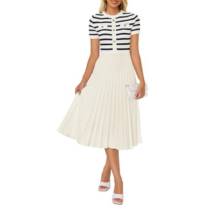 image:imageZESICA Women Striped Crewneck Short Sleeve Elegant Midi DressBeige