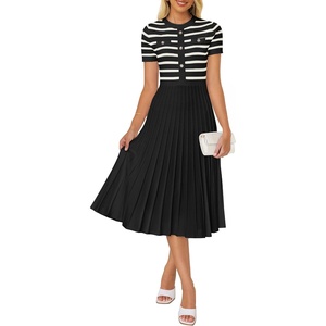 image:imageZESICA Women Striped Crewneck Short Sleeve Elegant Midi DressBlack