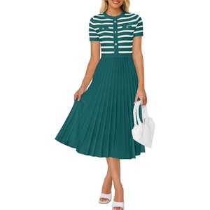 image:imageZESICA Women Striped Crewneck Short Sleeve Elegant Midi DressDarkgreen