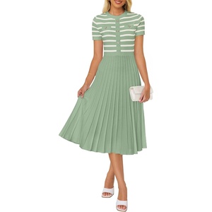 image:imageZESICA Women Striped Crewneck Short Sleeve Elegant Midi DressLight Green