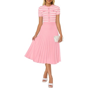 image:imageZESICA Women Striped Crewneck Short Sleeve Elegant Midi DressPink