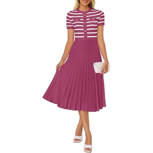 image:imageZESICA Women Striped Crewneck Short Sleeve Elegant Midi DressPlum