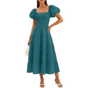 image:imageZESICA Women Summer Puff Sleeve Boho Wedding Guest Midi DressTeal Green