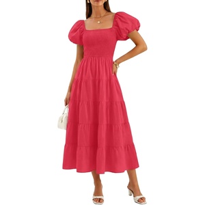 image:imageZESICA Women Summer Puff Sleeve Boho Wedding Guest Midi DressWatermelon