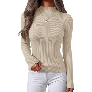 image:imageZESICA Womens 2025 Fall Long Sleeve Turtleneck T Shirt Ribbed Knit Sweater Slim Fit Basic Casual Tee TopsAlmond