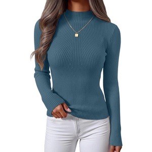 image:imageZESICA Womens 2025 Fall Long Sleeve Turtleneck T Shirt Ribbed Knit Sweater Slim Fit Basic Casual Tee TopsDark Blue
