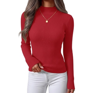 image:imageZESICA Womens 2025 Fall Long Sleeve Turtleneck T Shirt Ribbed Knit Sweater Slim Fit Basic Casual Tee TopsRed