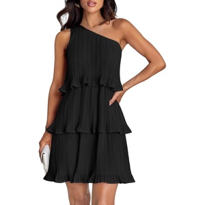 image:imageZESICA Womens 2025 Summer Sleeveless Mini Dress Boho One Shoulder Ruffle Tiered Layered Flowy A Line DressesDarkblack