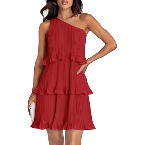 image:imageZESICA Womens 2025 Summer Sleeveless Mini Dress Boho One Shoulder Ruffle Tiered Layered Flowy A Line DressesRed
