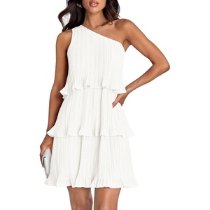 image:imageZESICA Womens 2025 Summer Sleeveless Mini Dress Boho One Shoulder Ruffle Tiered Layered Flowy A Line DressesWhite