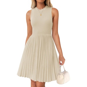 image:imageZESICA Womens 2026 Summer Sleeveless Pleated Mini DressAlmond