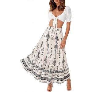 image:imageZESICA Womens Bohemian Floral Printed Elastic Waist A Line Maxi SkirtApricot