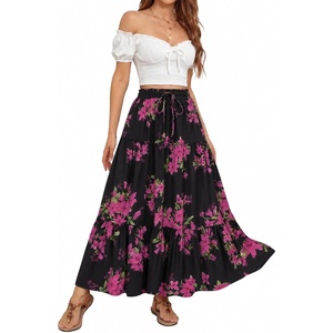 image:imageZESICA Womens Bohemian Floral Printed Elastic Waist A Line Maxi SkirtBlackrose