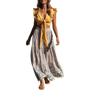 image:imageZESICA Womens Bohemian Floral Printed Elastic Waist A Line Maxi SkirtCream