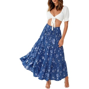 image:imageZESICA Womens Bohemian Floral Printed Elastic Waist A Line Maxi SkirtDarkblue