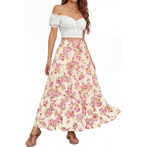 image:imageZESICA Womens Bohemian Floral Printed Elastic Waist A Line Maxi SkirtLightapricot