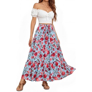 image:imageZESICA Womens Bohemian Floral Printed Elastic Waist A Line Maxi SkirtLightblue