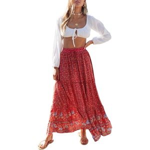 image:imageZESICA Womens Bohemian Floral Printed Elastic Waist A Line Maxi SkirtRed2