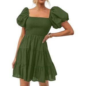 image:imageZESICA Womens Boho Square Neck Puff Sleeve Smocked Tiered A Line Mini DressArmygreen