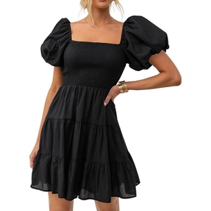 image:imageZESICA Womens Boho Square Neck Puff Sleeve Smocked Tiered A Line Mini DressBlack