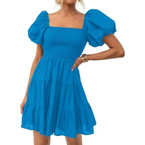 image:imageZESICA Womens Boho Square Neck Puff Sleeve Smocked Tiered A Line Mini DressCobaltblue