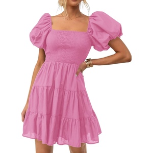 image:imageZESICA Womens Boho Square Neck Puff Sleeve Smocked Tiered A Line Mini DressDustypink
