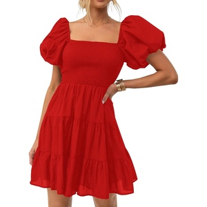 image:imageZESICA Womens Boho Square Neck Puff Sleeve Smocked Tiered A Line Mini DressFirered