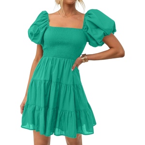 image:imageZESICA Womens Boho Square Neck Puff Sleeve Smocked Tiered A Line Mini DressGreen