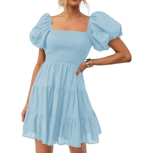 image:imageZESICA Womens Boho Square Neck Puff Sleeve Smocked Tiered A Line Mini DressLightblue