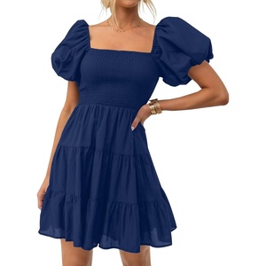 image:imageZESICA Womens Boho Square Neck Puff Sleeve Smocked Tiered A Line Mini DressNavy