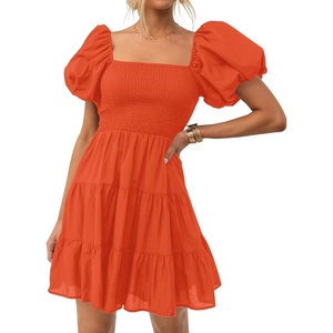 image:imageZESICA Womens Boho Square Neck Puff Sleeve Smocked Tiered A Line Mini DressOrange