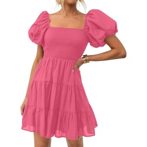 image:imageZESICA Womens Boho Square Neck Puff Sleeve Smocked Tiered A Line Mini DressPink