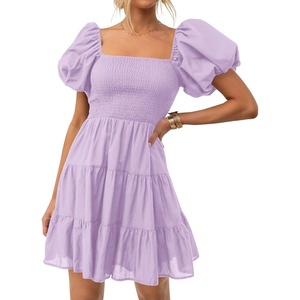 image:imageZESICA Womens Boho Square Neck Puff Sleeve Smocked Tiered A Line Mini DressPurple