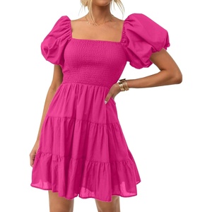 image:imageZESICA Womens Boho Square Neck Puff Sleeve Smocked Tiered A Line Mini DressRose