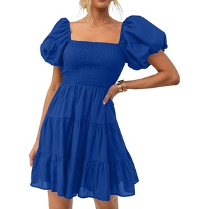image:imageZESICA Womens Boho Square Neck Puff Sleeve Smocked Tiered A Line Mini DressRoyalblue