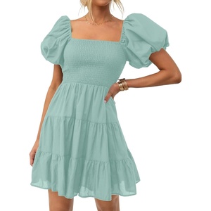 image:imageZESICA Womens Boho Square Neck Puff Sleeve Smocked Tiered A Line Mini DressSage