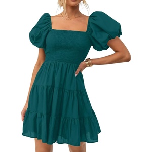 image:imageZESICA Womens Boho Square Neck Puff Sleeve Smocked Tiered A Line Mini DressTeal