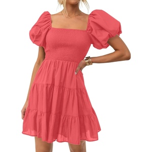 image:imageZESICA Womens Boho Square Neck Puff Sleeve Smocked Tiered A Line Mini DressWatermelon