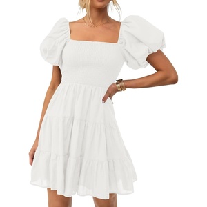 image:imageZESICA Womens Boho Square Neck Puff Sleeve Smocked Tiered A Line Mini DressWhite