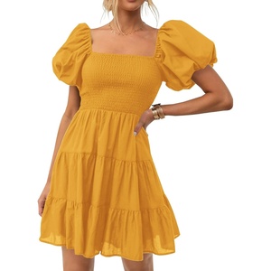 image:imageZESICA Womens Boho Square Neck Puff Sleeve Smocked Tiered A Line Mini DressYellow