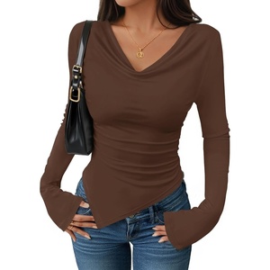 image:imageZESICA Womens Cowl Neck Long Sleeve Ruched Fitted Going Out TopsBrown