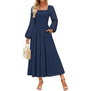 image:imageZESICA Womens Eyelet Long Sleeve Maxi Wedding Guest DressesNavy