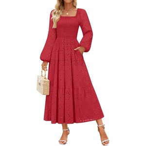 image:imageZESICA Womens Eyelet Long Sleeve Maxi Wedding Guest DressesRed