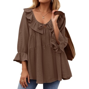 image:imageZESICA Womens Fall Casual 34 Length Sleeve Flowy Boho TopsBrown