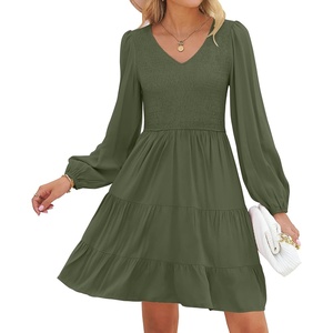 image:imageZESICA Womens Fall Casual Long Sleeve V Neck Boho Mini DressArmygreen